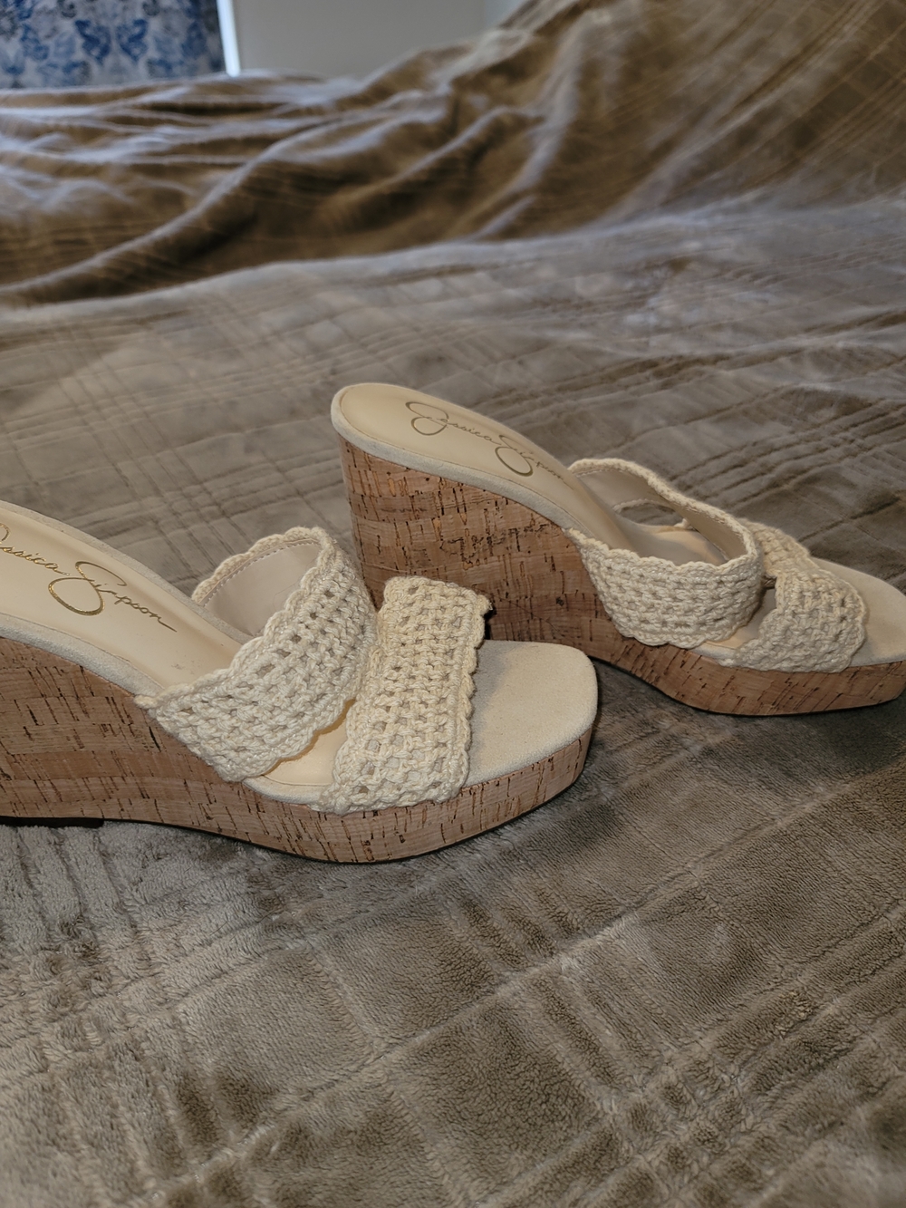 Jessica Simpson Cream Crochet Cork Wedge Sandals